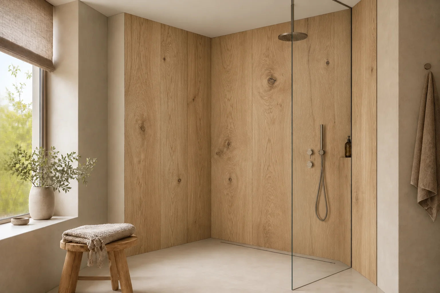 Helle, bodengleiche Eckdusche mit zwei bedruckten Rückwandplatten über Eck