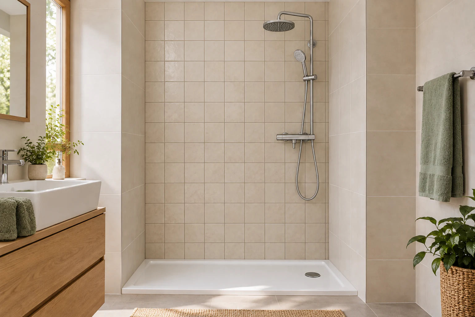 Visualisierung: Dusche mit altem beigem Fliesenbelag an der Rückwand