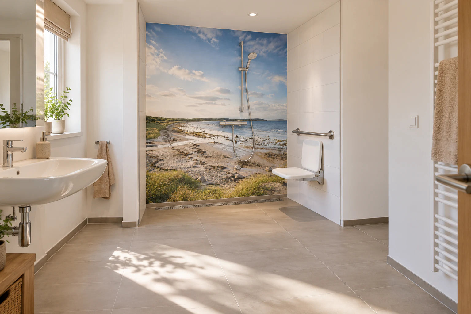 Visualisierung: Dasselbe Bad mit bodengleicher Dusche, Duschrückwand mit Küstenmotiv, Klappsitz und Haltegriff