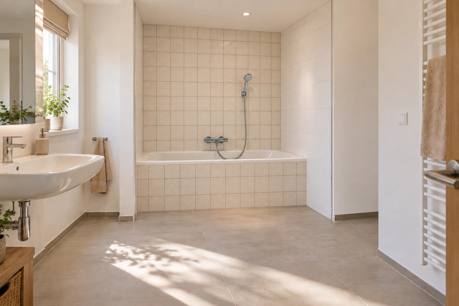Visualisierung: Bad mit eingebauter Badewanne und alten beigen Fliesen