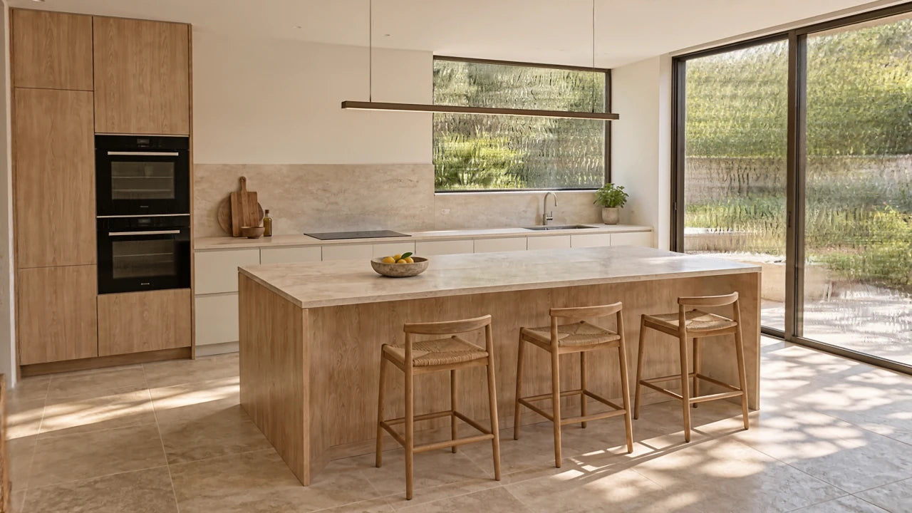 Helle Küche mit Eichenfronten, Kücheninsel und großen Gartenfenstern aus verschiedenen Blickwinkeln