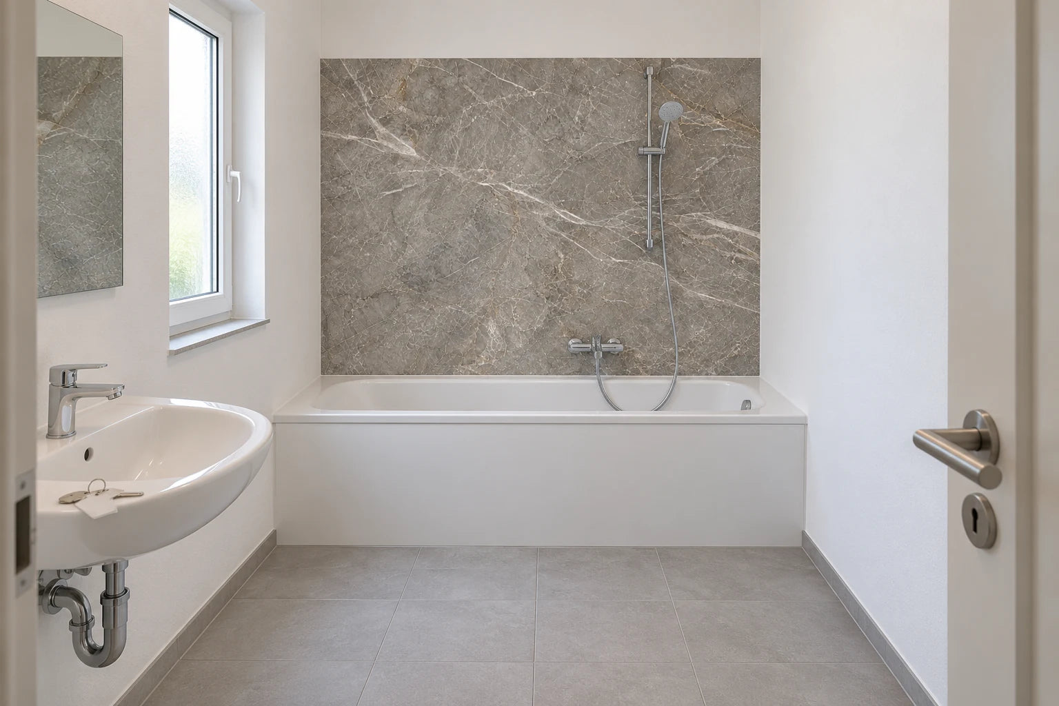 Visualisierung: Dasselbe Mietbad mit grauer Marmor-Rückwand über der Badewanne; Wanne und Armaturen bleiben