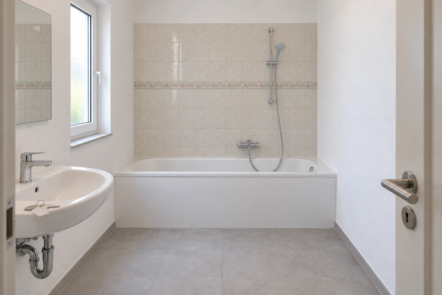 Visualisierung: Mietbad mit alten beigen Fliesen und Bordüre über der Badewanne