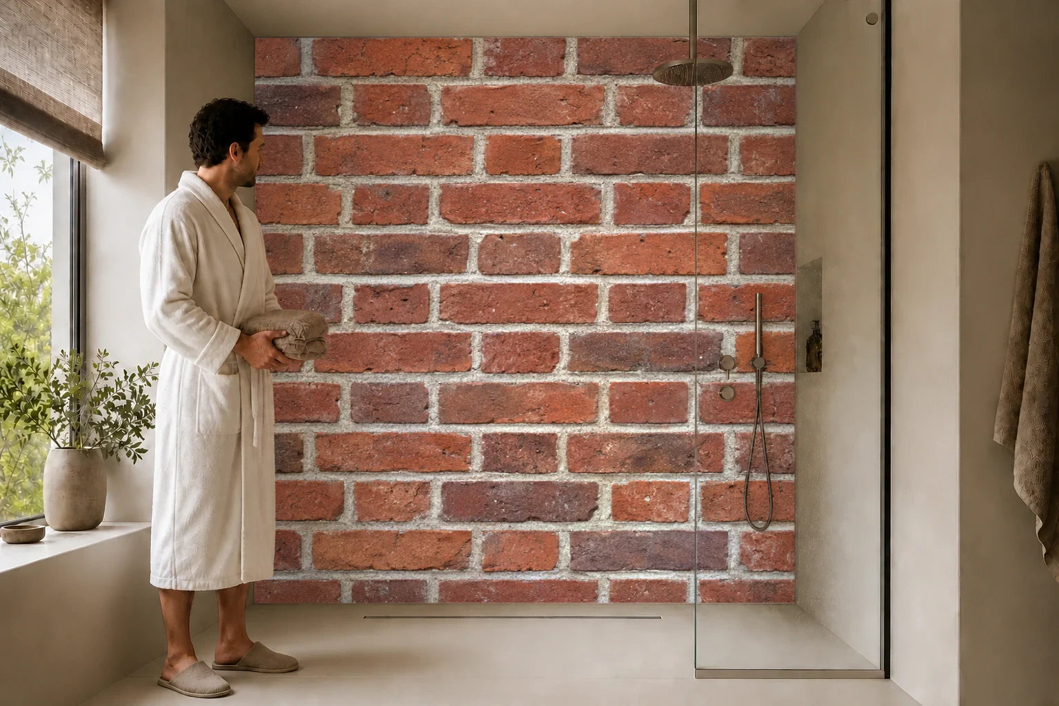 Duschrückwand „Rotbrauner Backstein mit Brandspuren“ in einer Dusche mit einem Mann im Bademantel