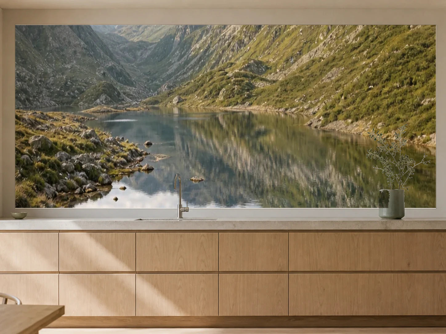 Küchenrückwand „Bergsee unter weitem Himmel“ als installierte Rückwand in einer warmen Küche