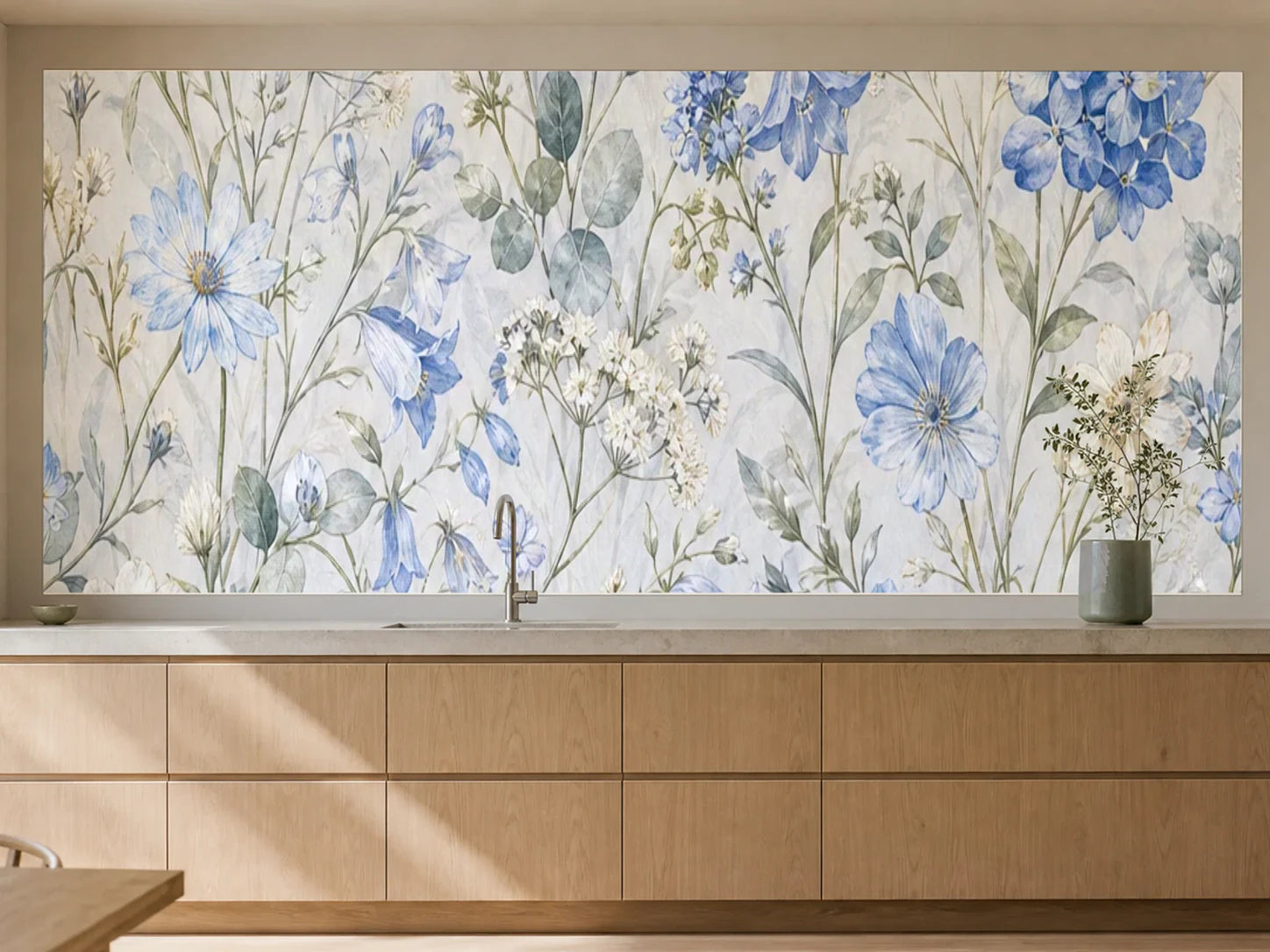 Küchenrückwand „Blaue Blüte im Dunst“ als installierte Rückwand in einer warmen Küche