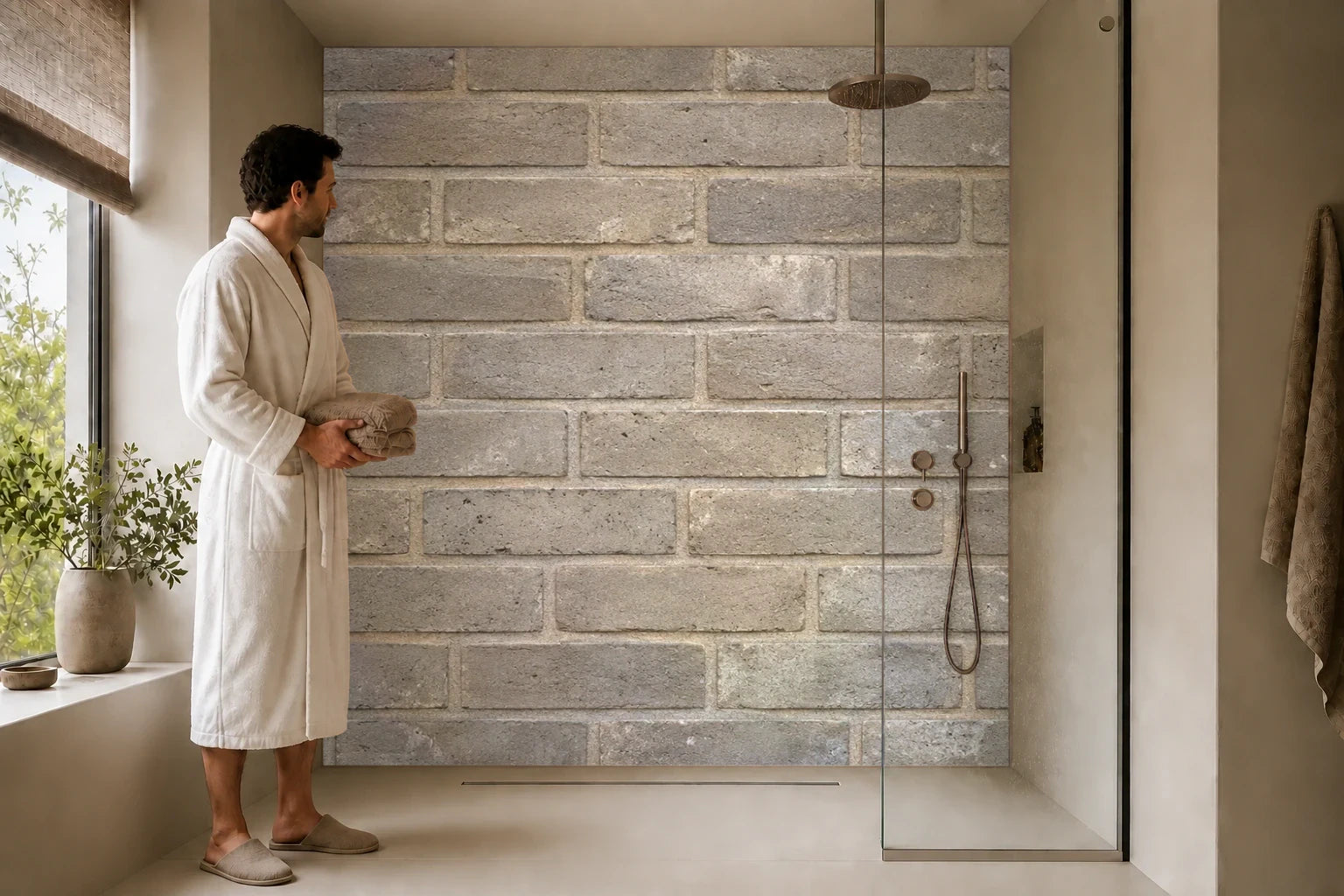 Duschrückwand „Warmgrauer Wasserstrichziegel“ in einer Dusche mit einem Mann im Bademantel