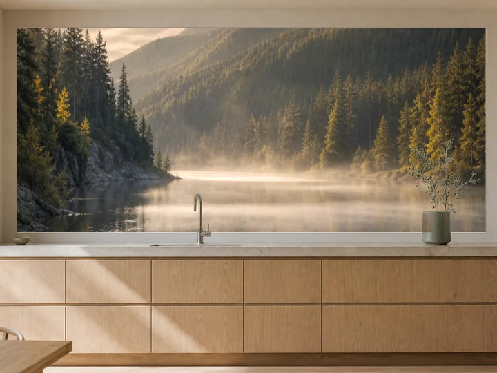 Küchenrückwand „Morgennebel am Spiegelsee“ als installierte Rückwand in einer warmen Küche