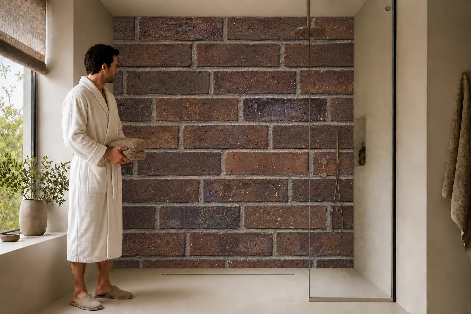 Duschrückwand „Dunkelbrauner Klinker mit Salzbrand“ in einer Dusche mit einem Mann im Bademantel