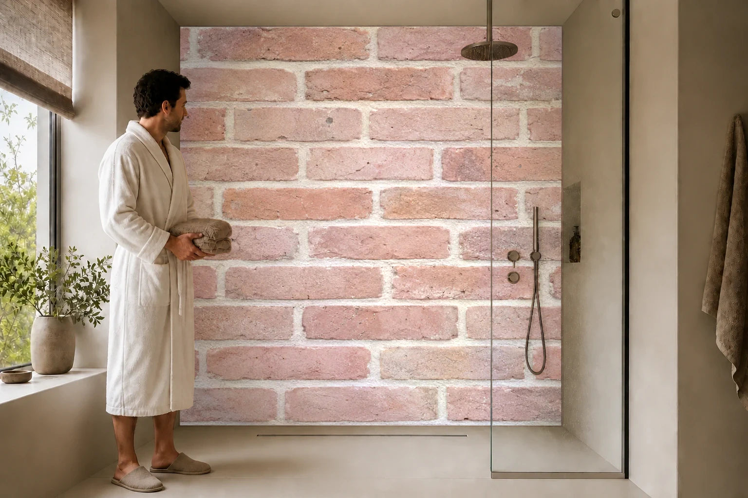 Duschrückwand „Zartrosa Ziegel mit Kalkfugen“ in einer Dusche mit einem Mann im Bademantel