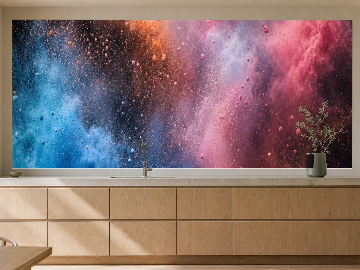 Küchenrückwand „Farbwolken der Mitternacht“ als installierte Rückwand in einer warmen Küche