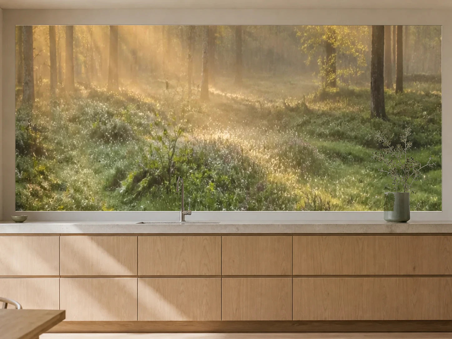 Küchenrückwand „Goldmorgen in der Waldlichtung“ als installierte Rückwand in einer warmen Küche