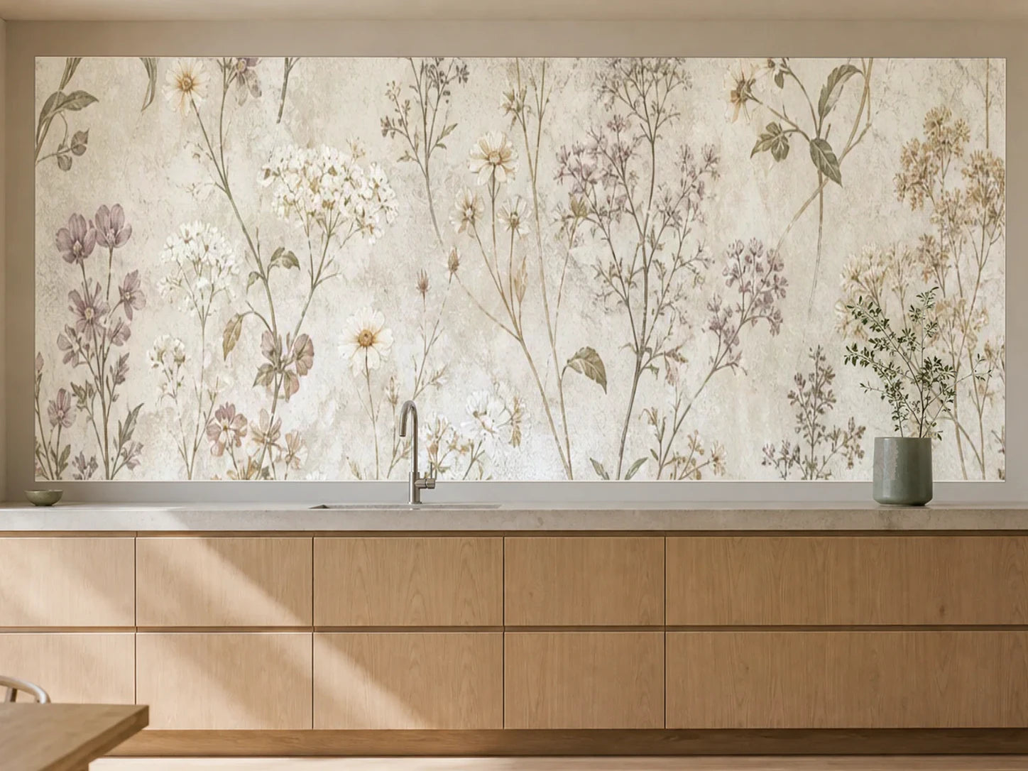 Küchenrückwand „Blüten auf Kalkpatina“ als installierte Rückwand in einer warmen Küche