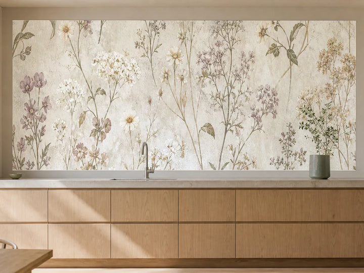 Küchenrückwand „Blüten auf Kalkpatina“ als installierte Rückwand in einer warmen Küche