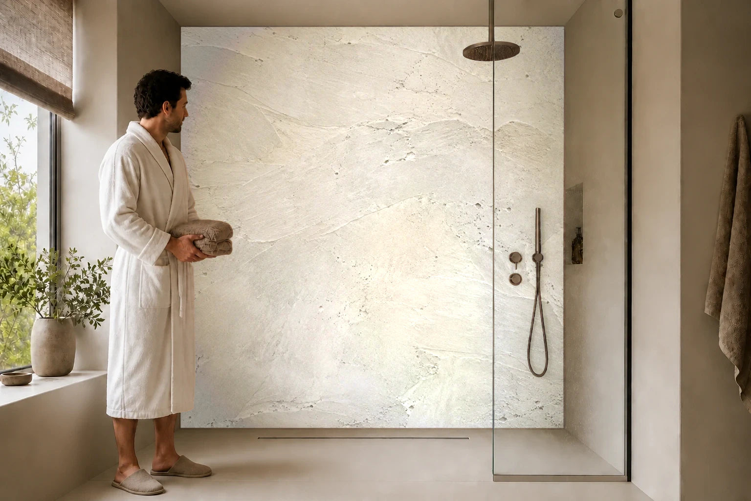 Duschrückwand „Kalkbeton mit breiten Spachtelspuren“ in einer Dusche mit einem Mann im Bademantel