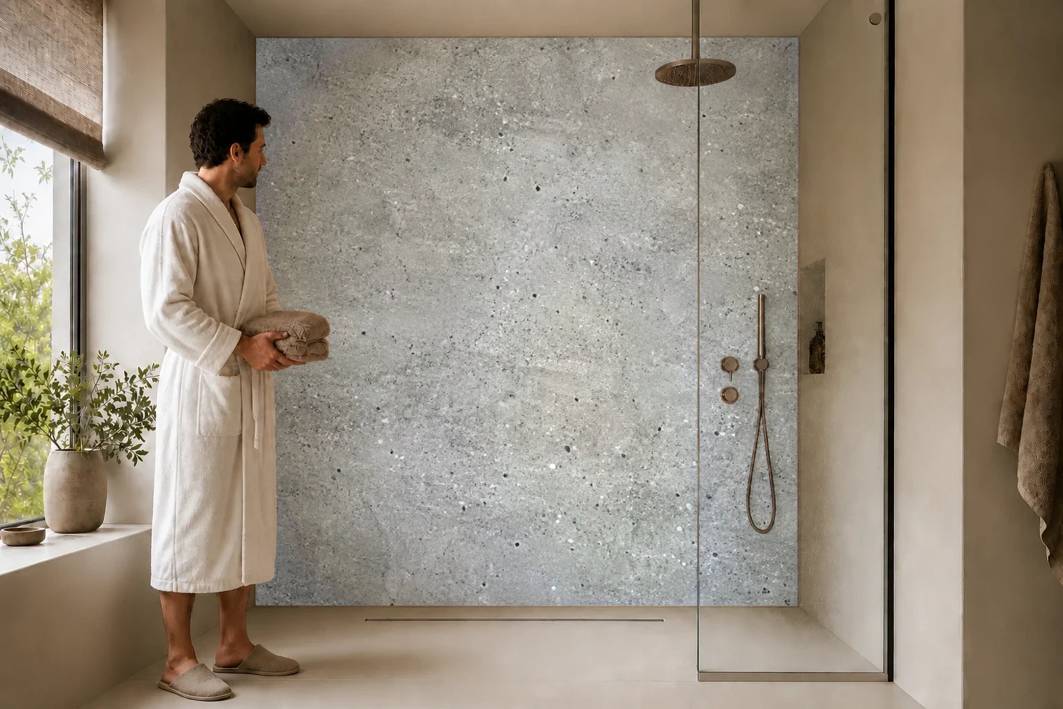 Duschrückwand „Sichtbeton in Taubengrau“ in einer Dusche mit einem Mann im Bademantel