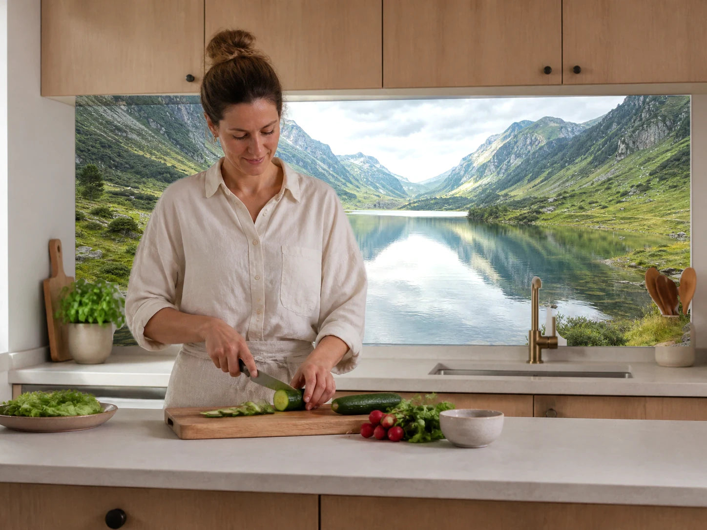 Küchenrückwand „Fjordsee in stiller Tiefe“ beim Zubereiten von Gemüse in einer Küche