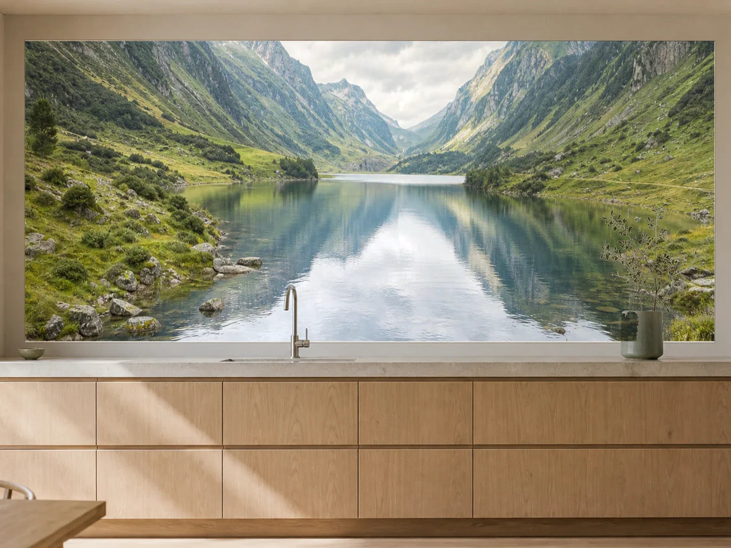 Küchenrückwand „Fjordsee in stiller Tiefe“ als installierte Rückwand in einer warmen Küche