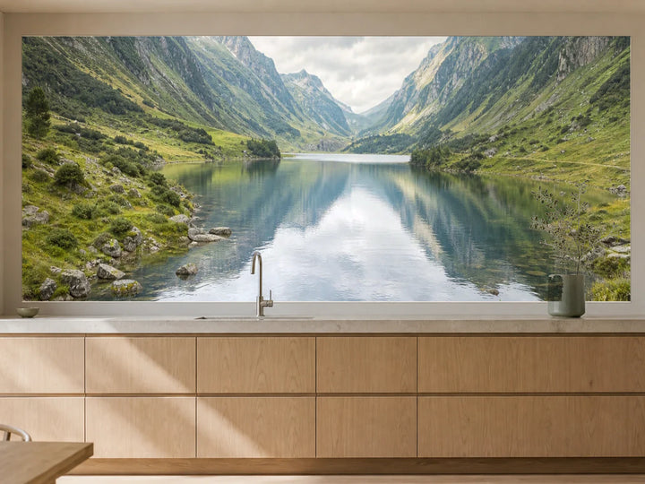 Küchenrückwand „Fjordsee in stiller Tiefe“ als installierte Rückwand in einer warmen Küche