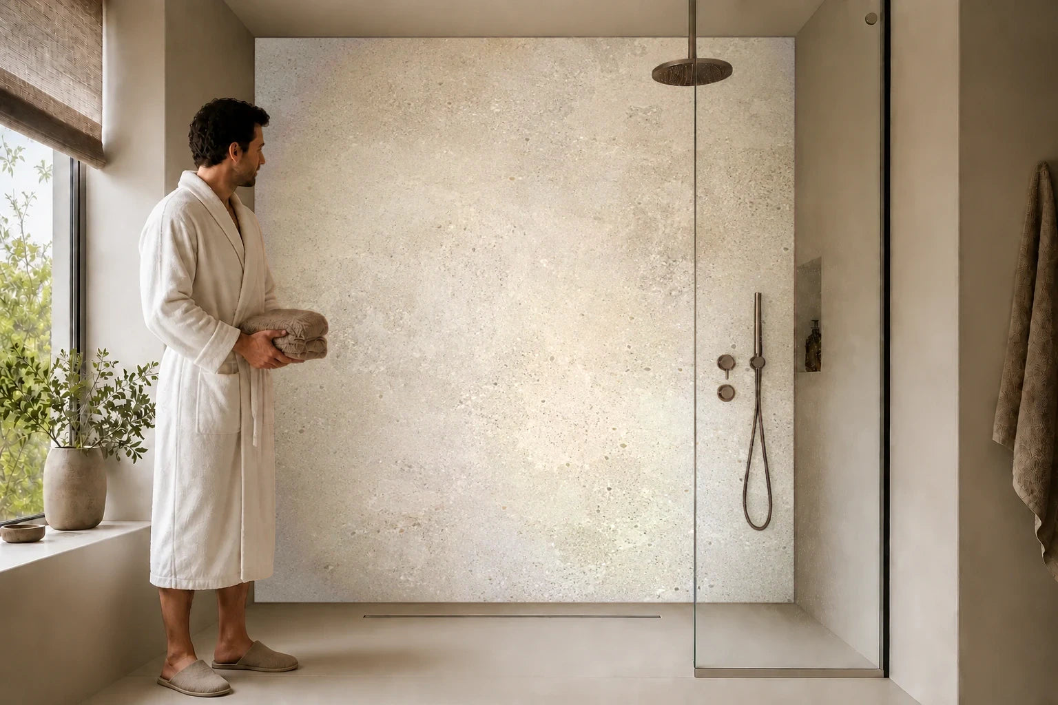 Duschrückwand „Sandbeton mit mineralischen Wolken“ in einer Dusche mit einem Mann im Bademantel