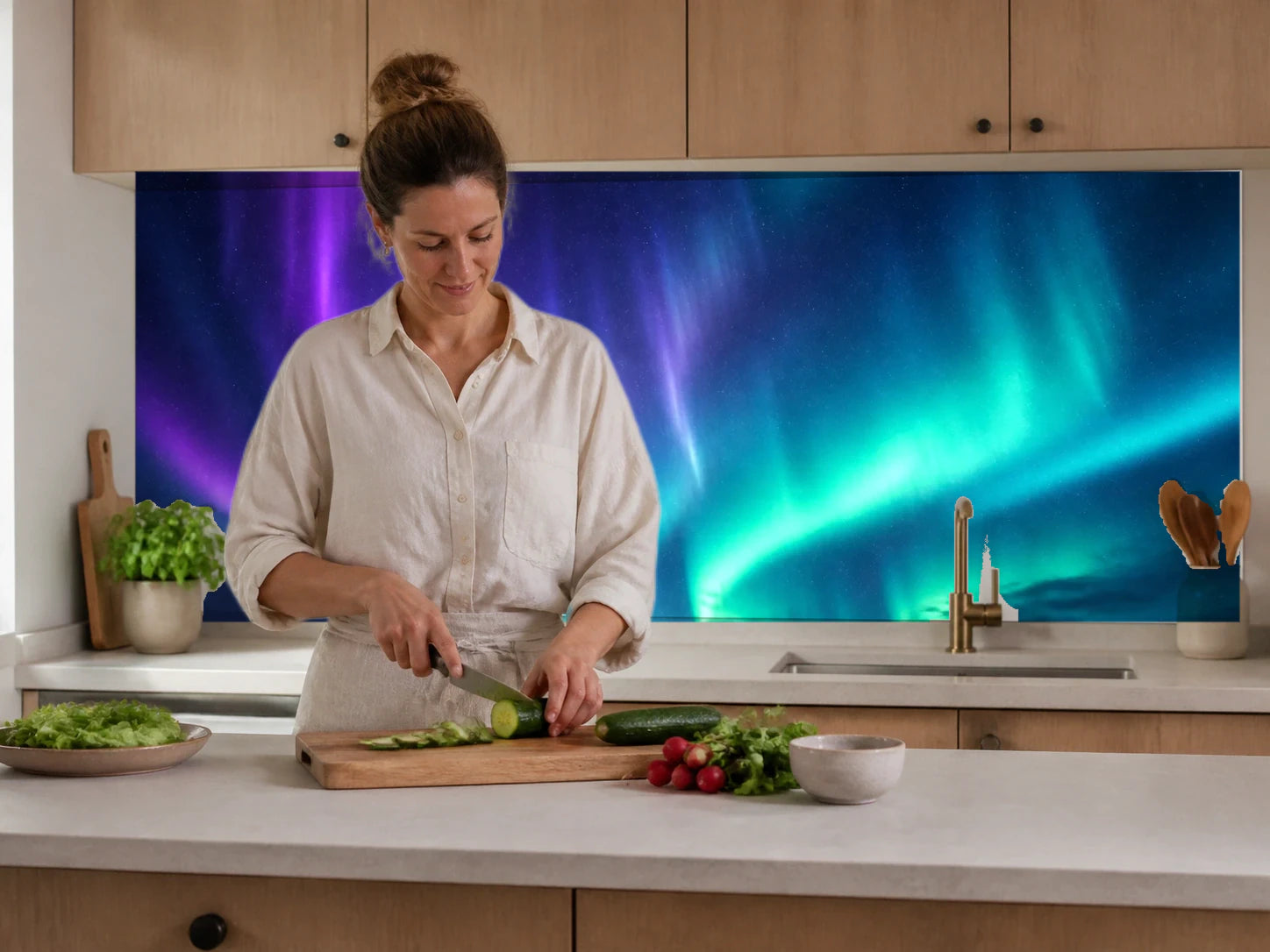 Küchenrückwand „Polarhimmel in Violett und Türkis“ beim Zubereiten von Gemüse in einer Küche