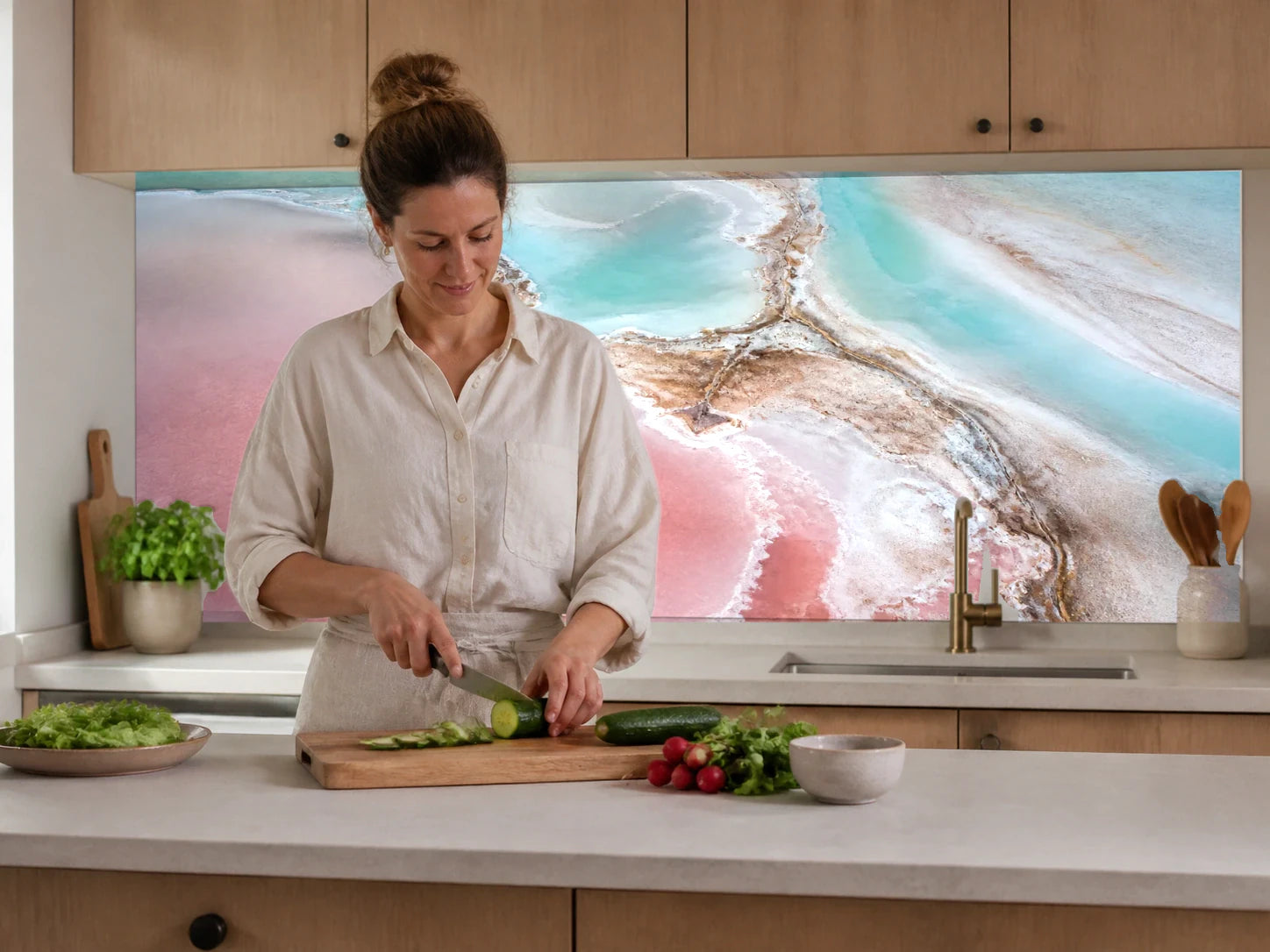 Küchenrückwand „Salzlagune in Rosa und Türkis“ beim Zubereiten von Gemüse in einer Küche