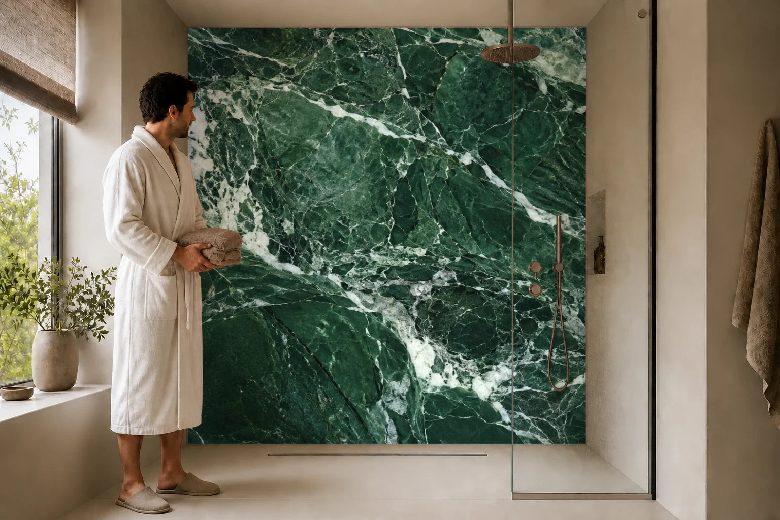 Duschrückwand „Grüner Marmor mit hellen Flussadern“ in einer Dusche mit einem Mann im Bademantel