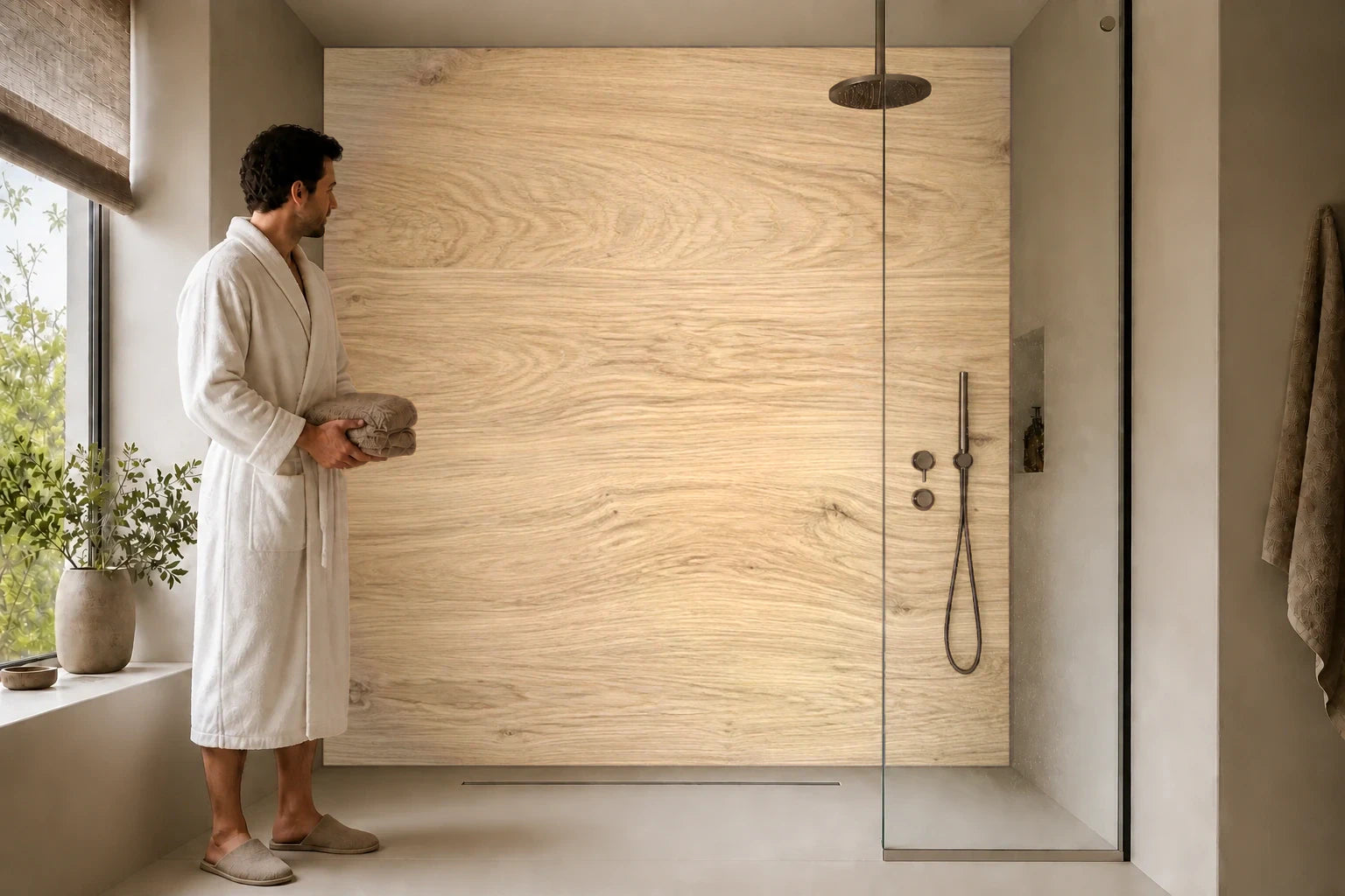 Duschrückwand „Helle Eiche mit ruhiger Maserung“ in einer Dusche mit einem Mann im Bademantel