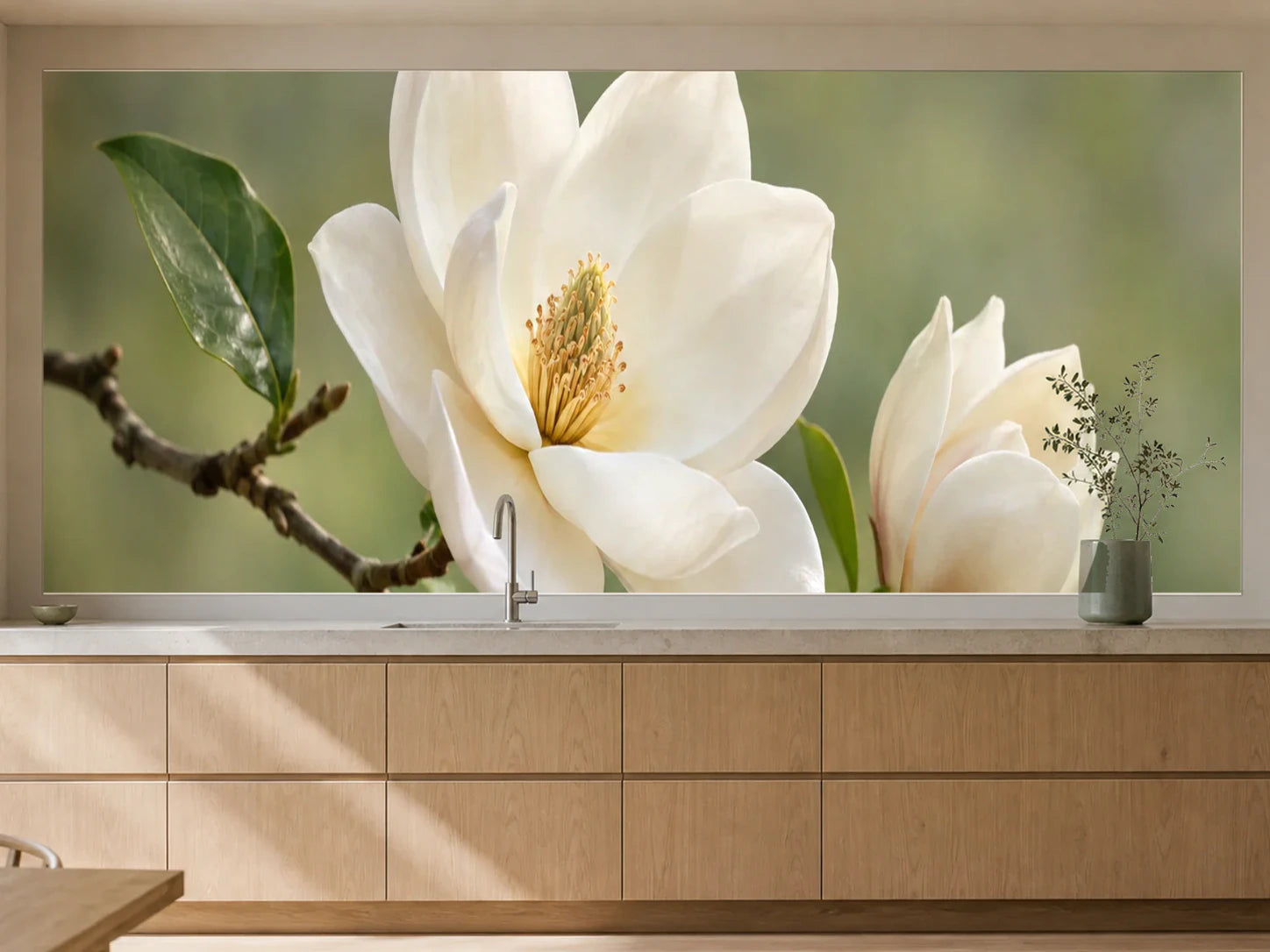 Küchenrückwand „Magnolienzweig vor sanftem Grün“ als installierte Rückwand in einer warmen Küche