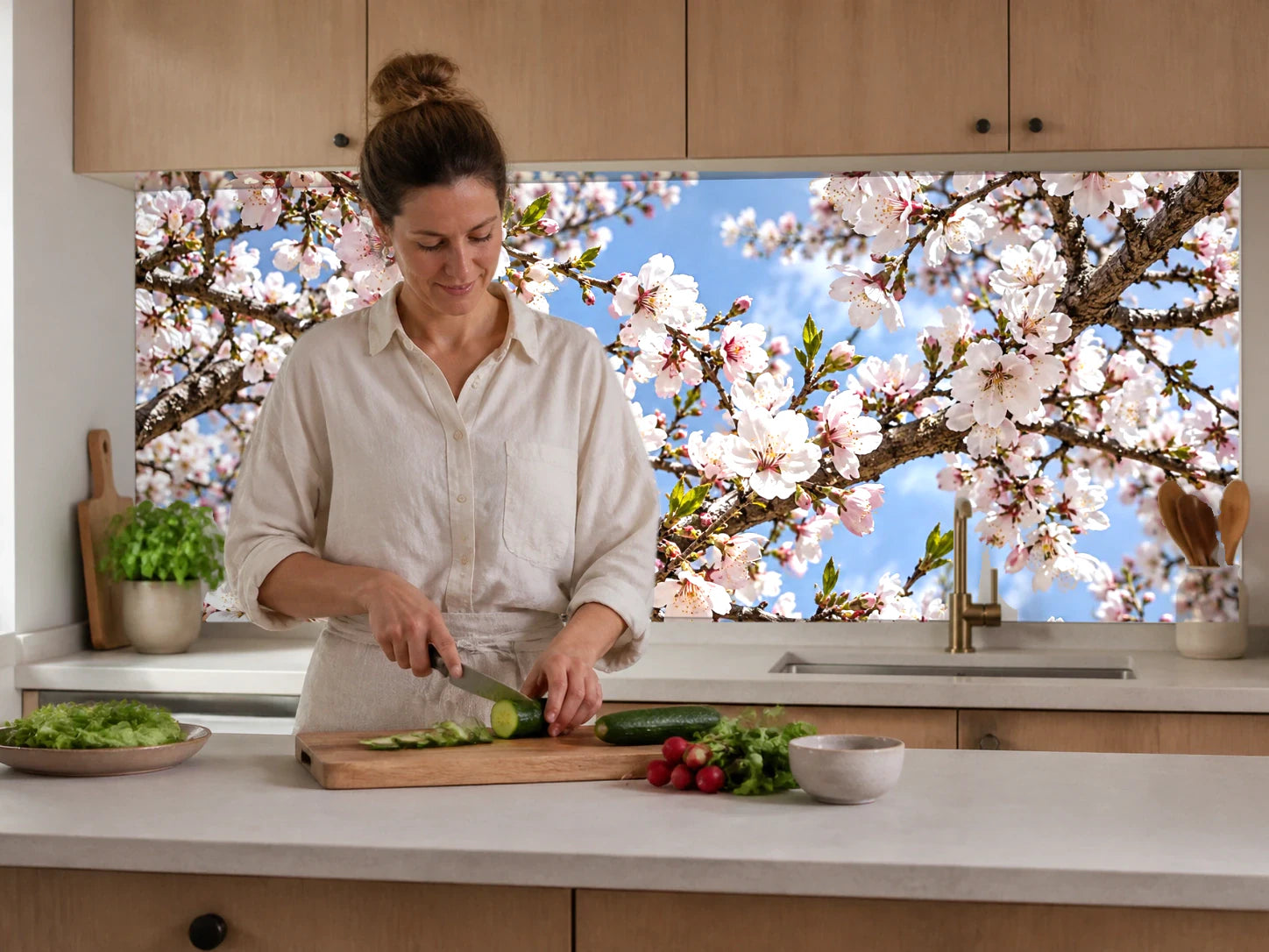 Küchenrückwand „Mandelblüte im hellen Frühling“ beim Zubereiten von Gemüse in einer Küche
