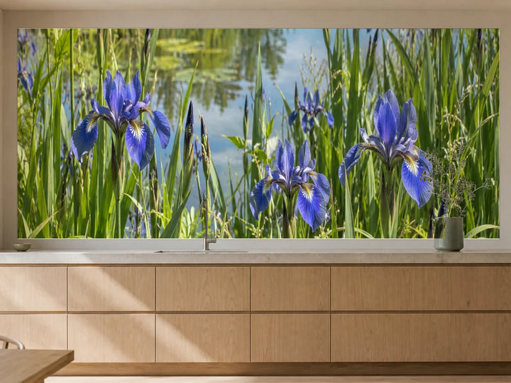 Küchenrückwand „Irisblüten am stillen Teichufer“ als installierte Rückwand in einer warmen Küche