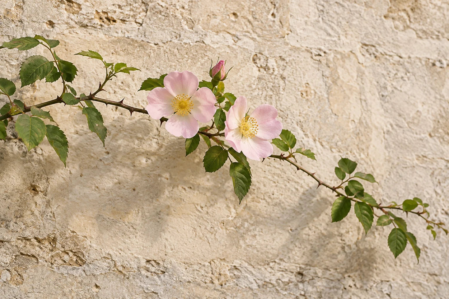 Motivvorschau „Rosenzweig an heller Steinwand“ für Küchenrückwand