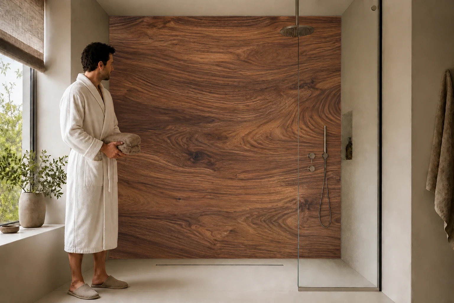 Duschrückwand „Nussbaum mit weichen Maserungsbögen“ in einer Dusche mit einem Mann im Bademantel