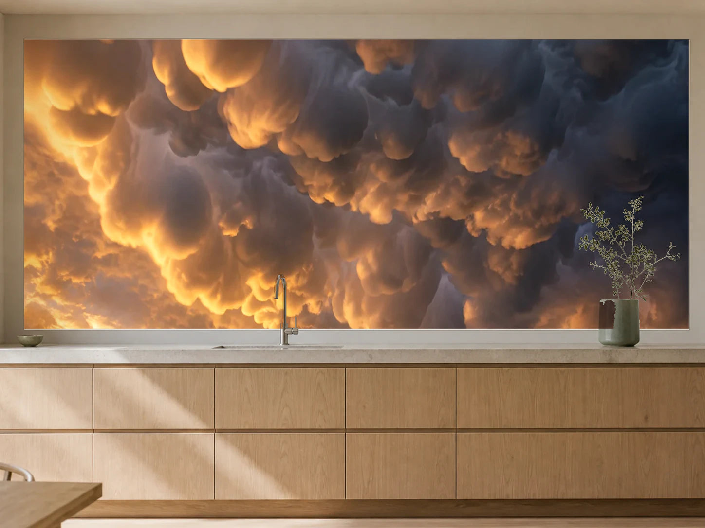 Küchenrückwand „Mammatuswolken nach dem Gewitter“ als installierte Rückwand in einer warmen Küche