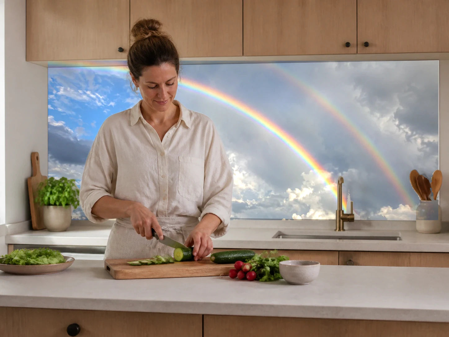 Küchenrückwand „Doppelter Regenbogen über Wolken“ beim Zubereiten von Gemüse in einer Küche