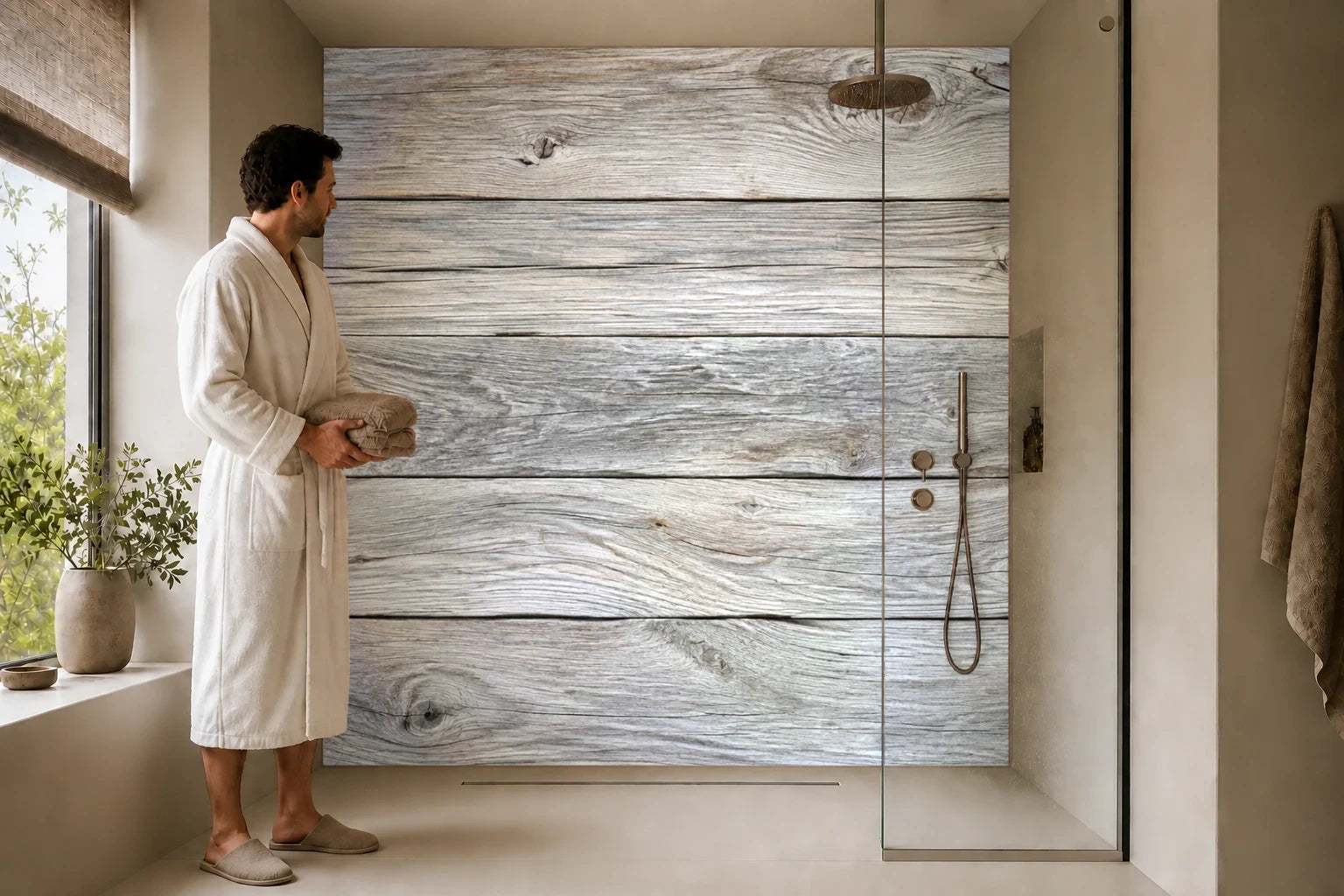 Duschrückwand „Silbergraues Treibholz“ in einer Dusche mit einem Mann im Bademantel