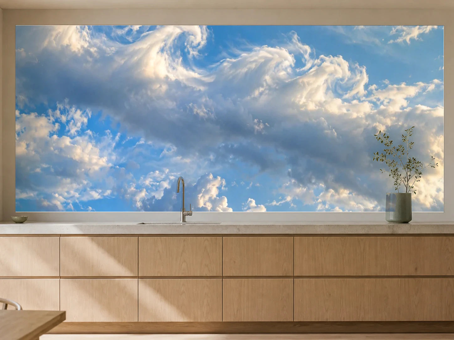 Küchenrückwand „Wolkenwellen im Höhenlicht“ als installierte Rückwand in einer warmen Küche