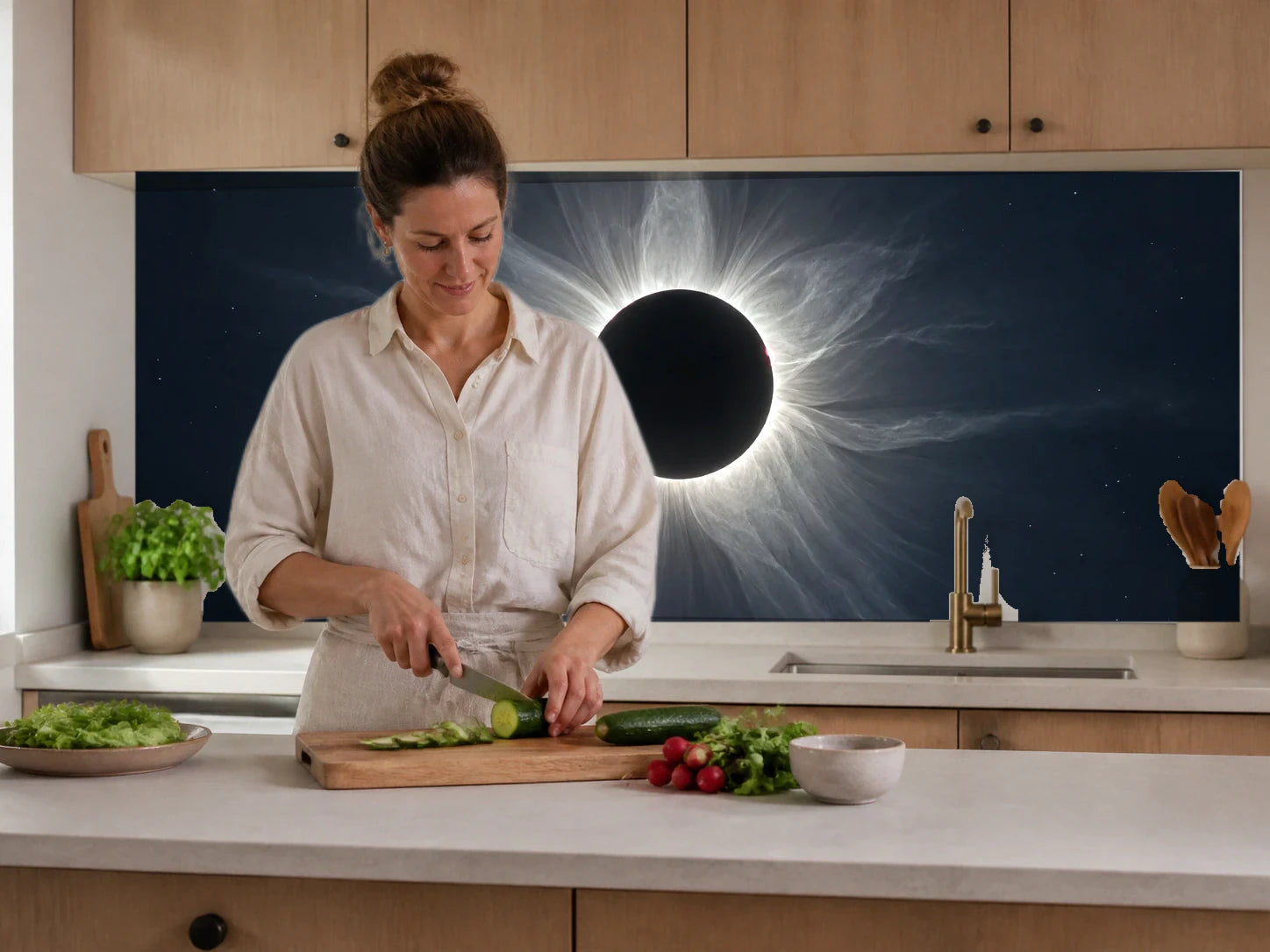 Küchenrückwand „Sonnenfinsternis mit feiner Korona“ beim Zubereiten von Gemüse in einer Küche