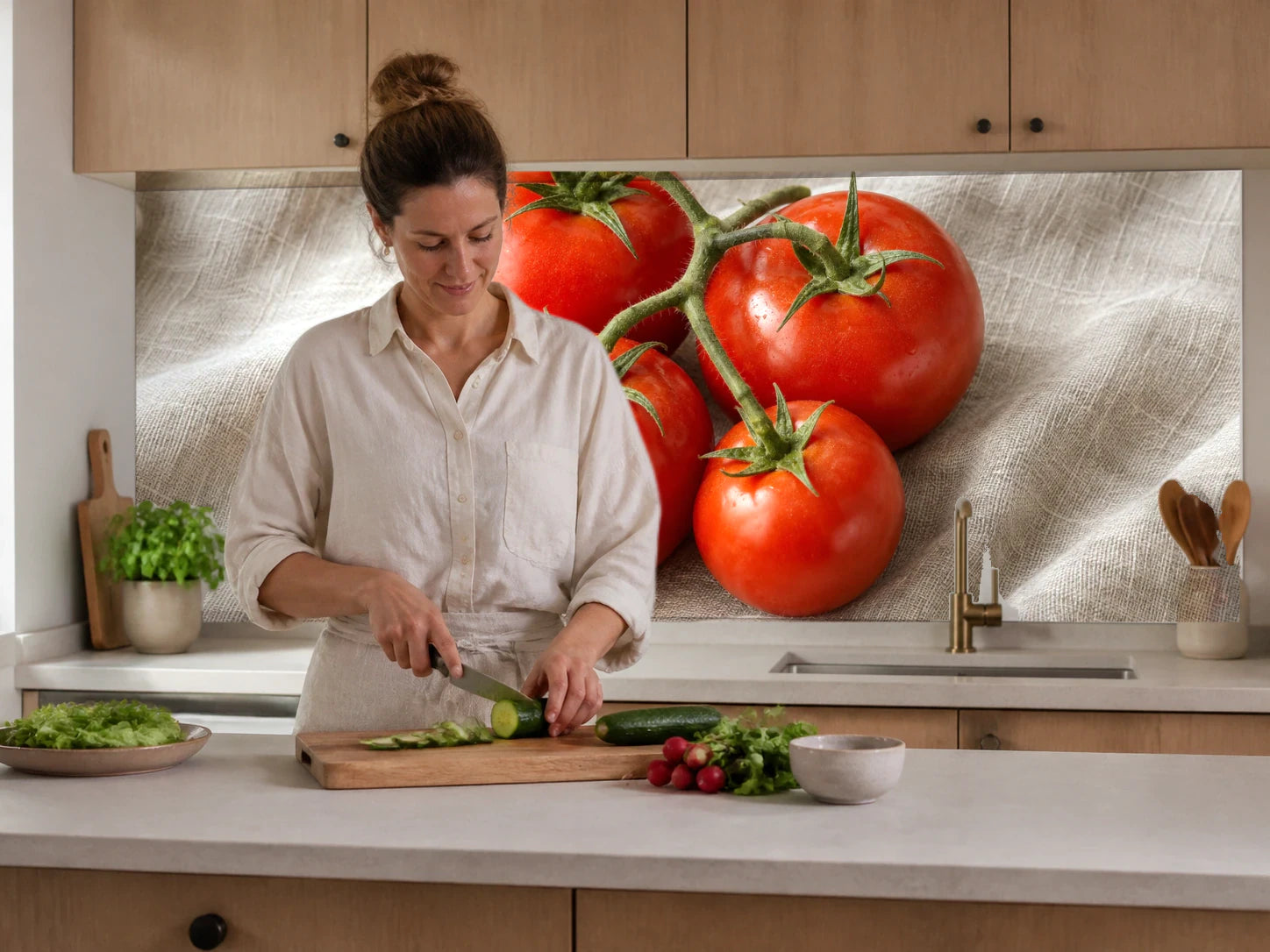 Küchenrückwand „Tomatenrispe auf Leinen“ beim Zubereiten von Gemüse in einer Küche