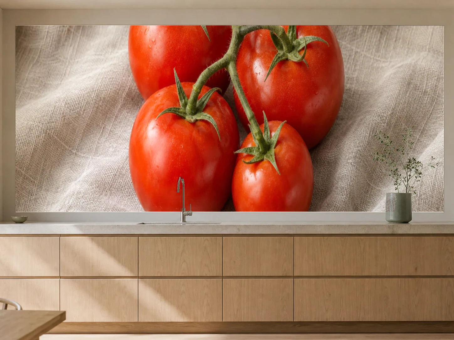 Küchenrückwand „Tomatenrispe auf Leinen“ als installierte Rückwand in einer warmen Küche