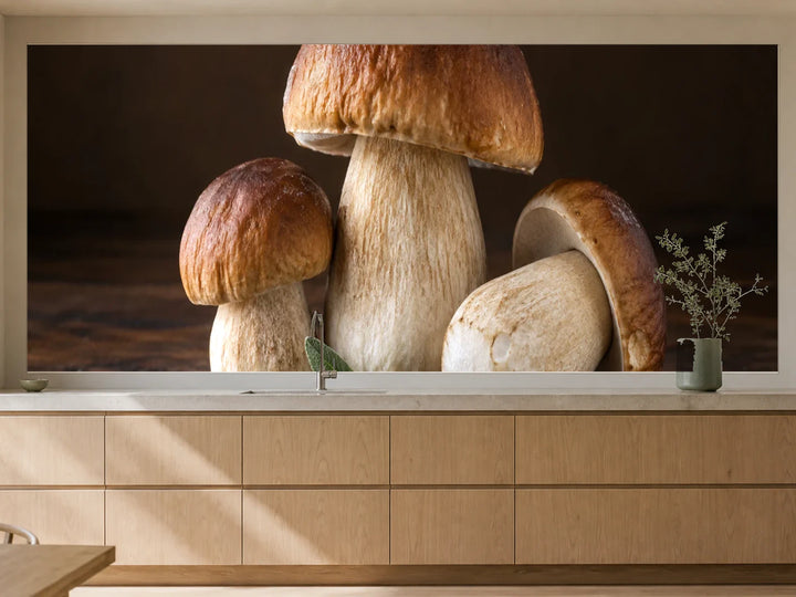 Küchenrückwand „Steinpilze auf dunklem Holz“ als installierte Rückwand in einer warmen Küche