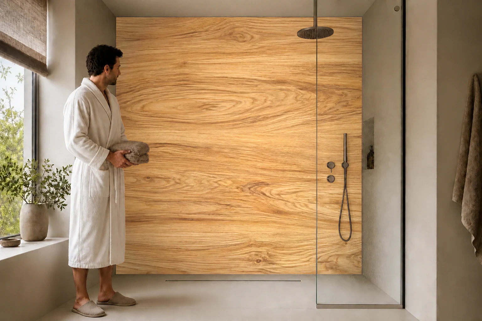 Duschrückwand „Honigfarbene Esche“ in einer Dusche mit einem Mann im Bademantel