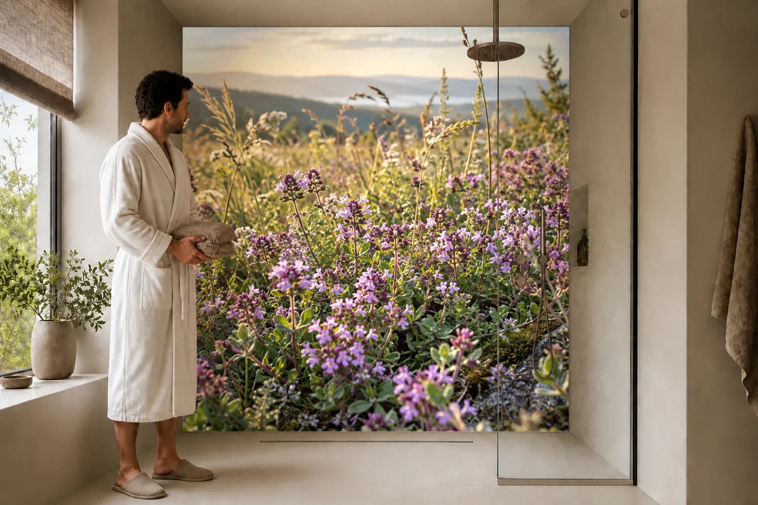 Duschrückwand „Wilder Thymian in der Sommerwiese“ in einer Dusche mit einem Mann im Bademantel