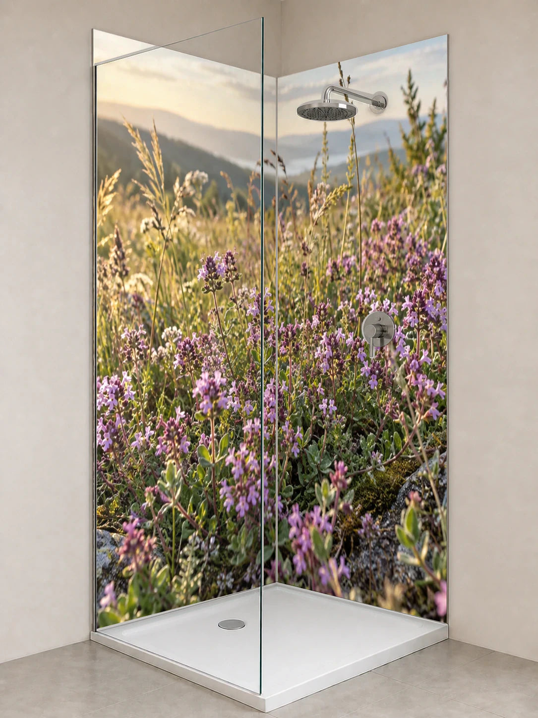 Duschrückwand „Wilder Thymian in der Sommerwiese“ als installierte Rückwand in einer hellen Dusche