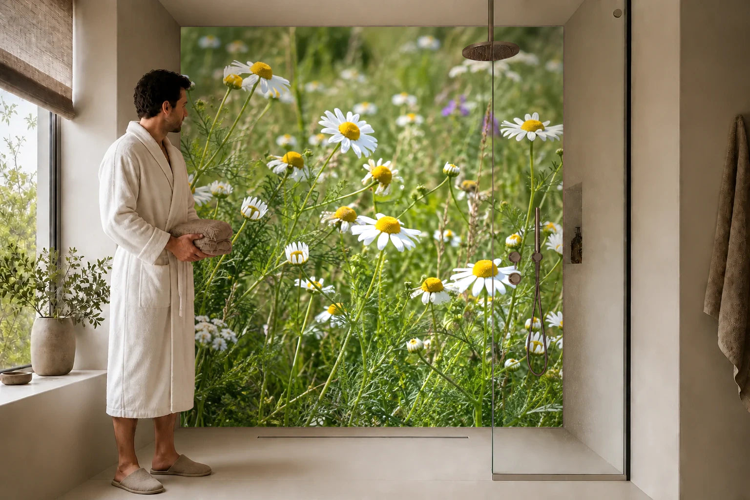 Duschrückwand „Kamille am grünen Wegrand“ in einer Dusche mit einem Mann im Bademantel