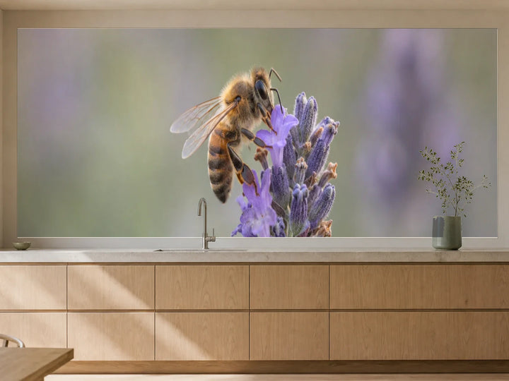 Küchenrückwand „Biene auf einer Lavendelblüte“ als installierte Rückwand in einer warmen Küche