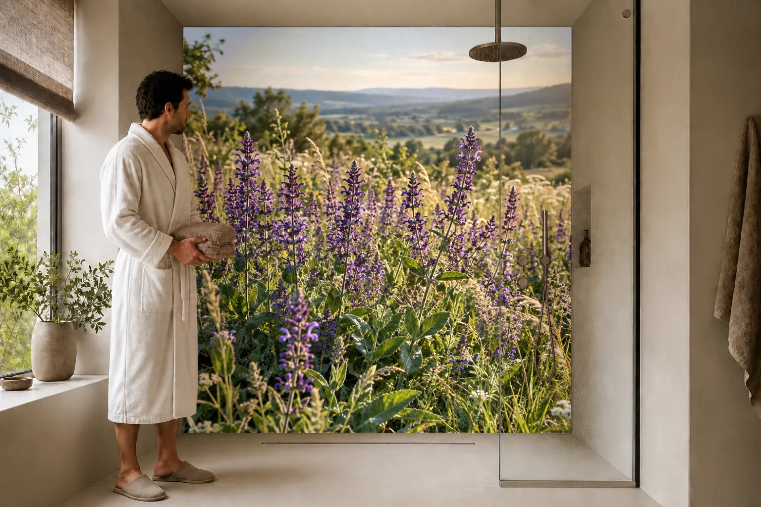 Duschrückwand „Wiesensalbei mit violetten Blüten“ in einer Dusche mit einem Mann im Bademantel