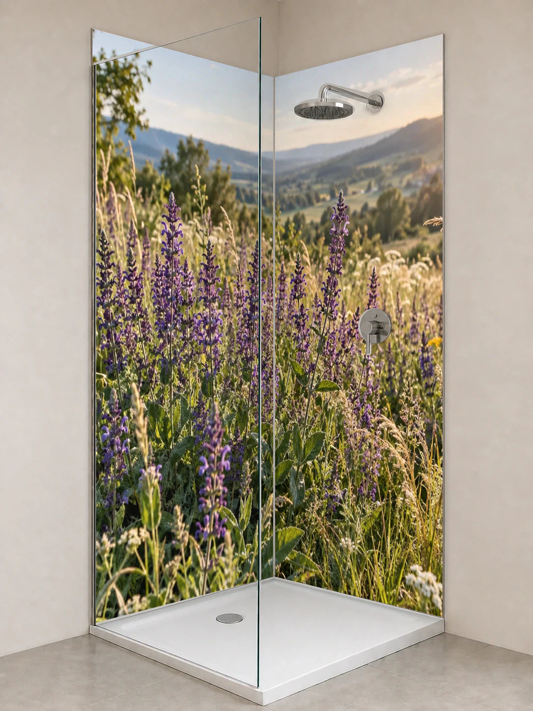Duschrückwand „Wiesensalbei mit violetten Blüten“ als installierte Rückwand in einer hellen Dusche