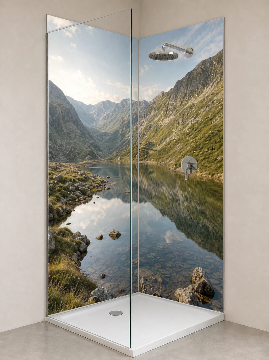 Duschrückwand „Bergsee unter weitem Himmel“ als installierte Rückwand in einer hellen Dusche