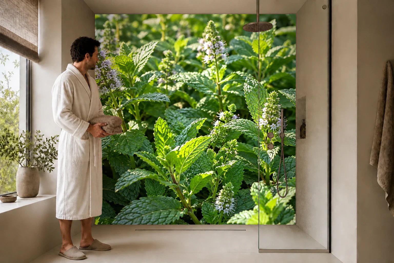 Duschrückwand „Minze im hellen Kräutergarten“ in einer Dusche mit einem Mann im Bademantel